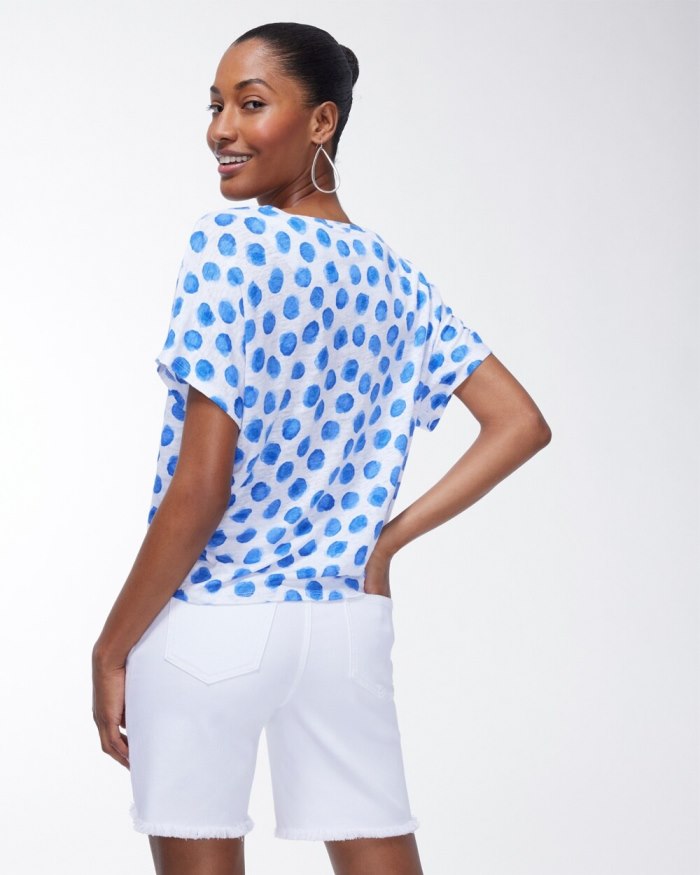 Chicos Linen Blue Dots Tie Front Tee - Poolside Blue