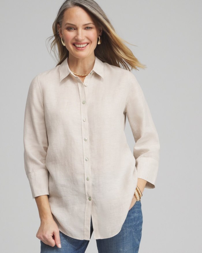 Chicos No Iron Linen 3/4 Sleeve Shirt - Oatmeal