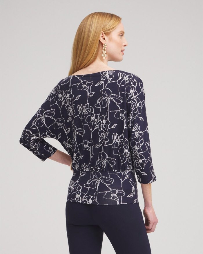 Chicos Touch of Cool Floral Banded Hem Top - Classic Navy