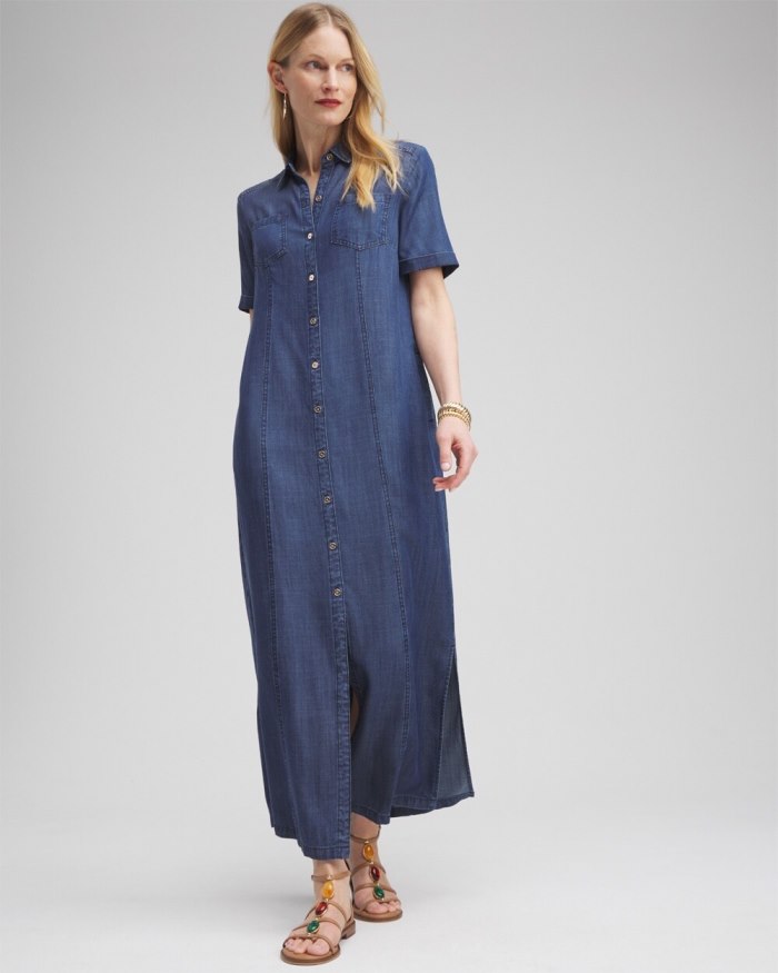 Chicos Short Sleeve Maxi Shirt Dress - Marina Bay Indigo