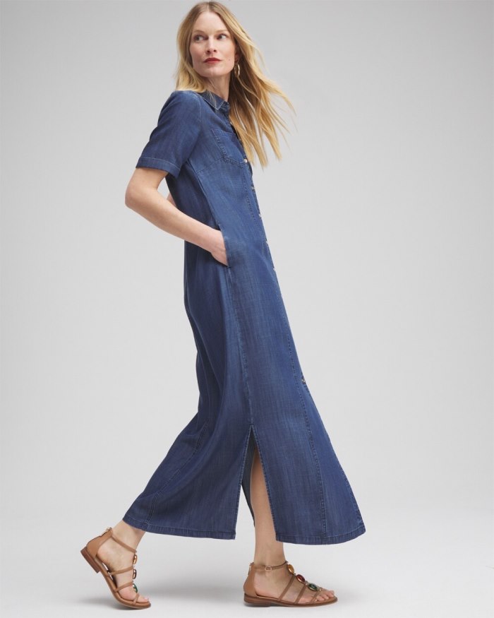 Chicos Short Sleeve Maxi Shirt Dress - Marina Bay Indigo