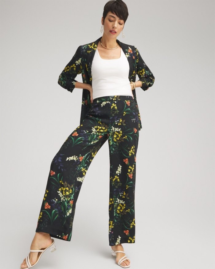 Chicos Floral Wide Leg Soft Pants - Black And Green