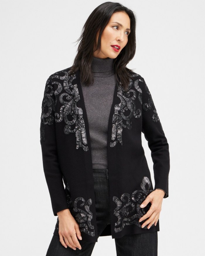 Chicos Foil Soutache Cardigan Sweater - Black