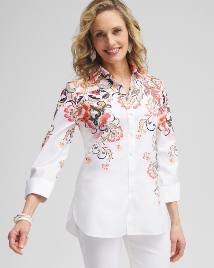 Chicos No Iron Stretch Warm Floral Shirt - Nectarine