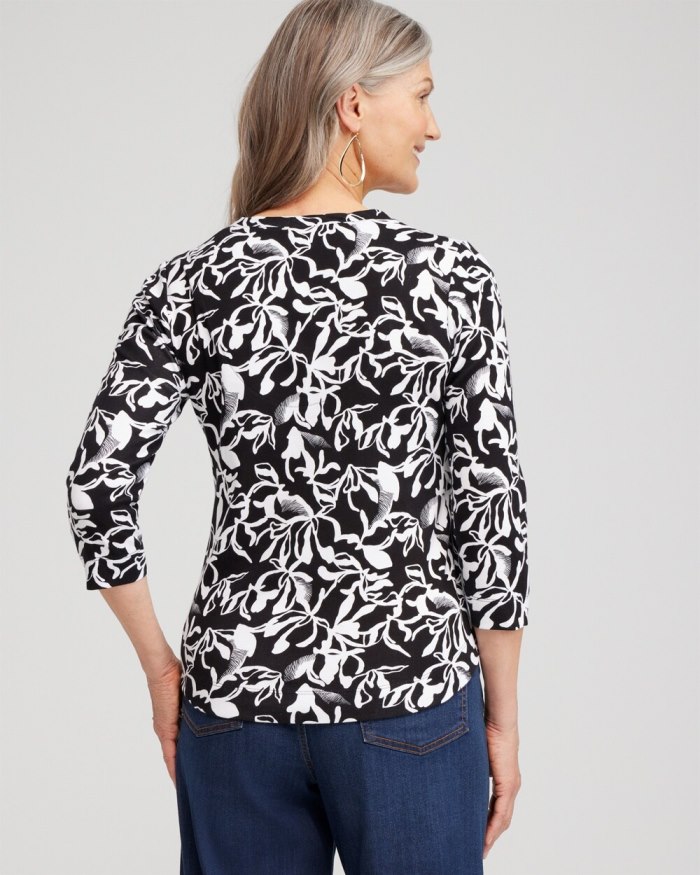 Chicos Abstract Print V-neck 3/4 Sleeve Tee - Black