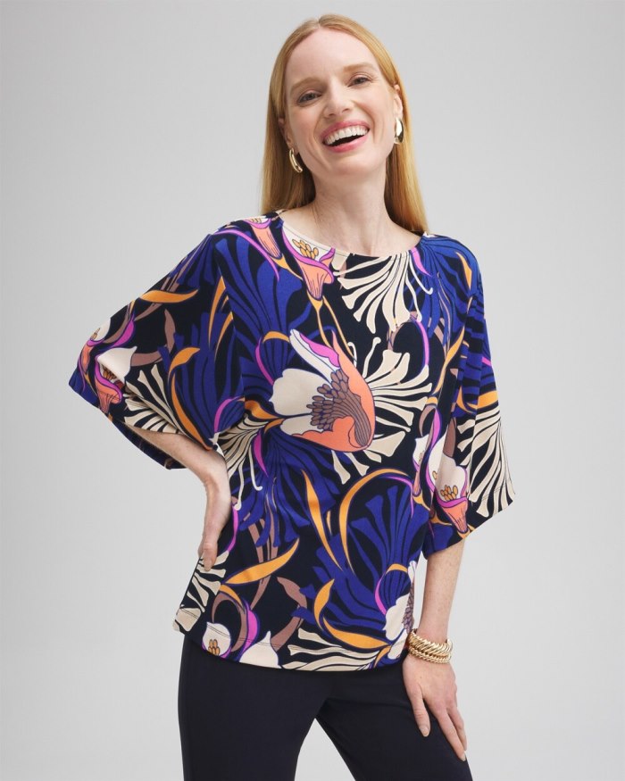 Chicos Travelers Floral Kimono Sleeve Top - Travelers India Ink