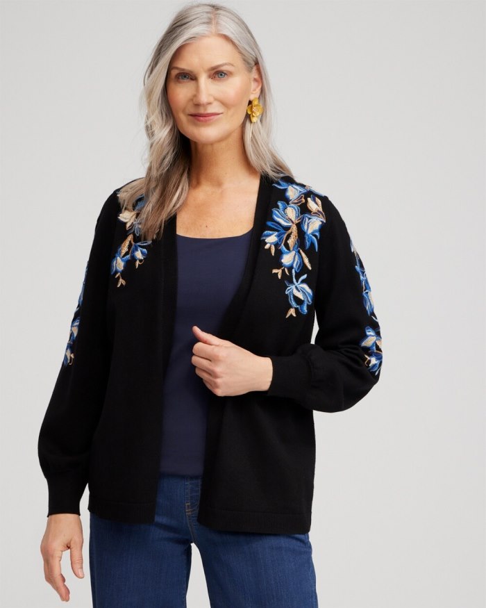 Chicos Floral Embroidered Cardigan - Black