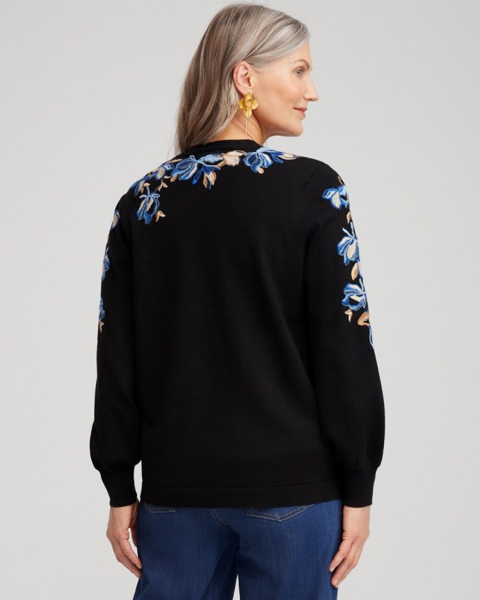 Chicos Floral Embroidered Cardigan - Black