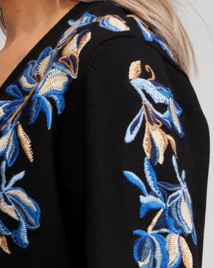 Chicos Floral Embroidered Cardigan - Black