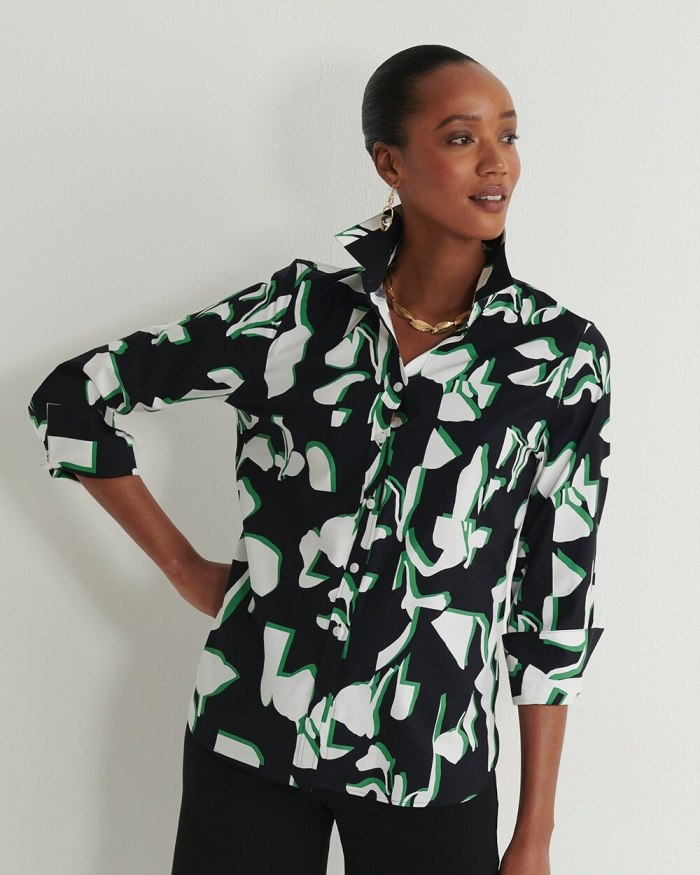 Chicos No Iron Stretch Floral 3/4 Sleeve Shirt - Verdant Green