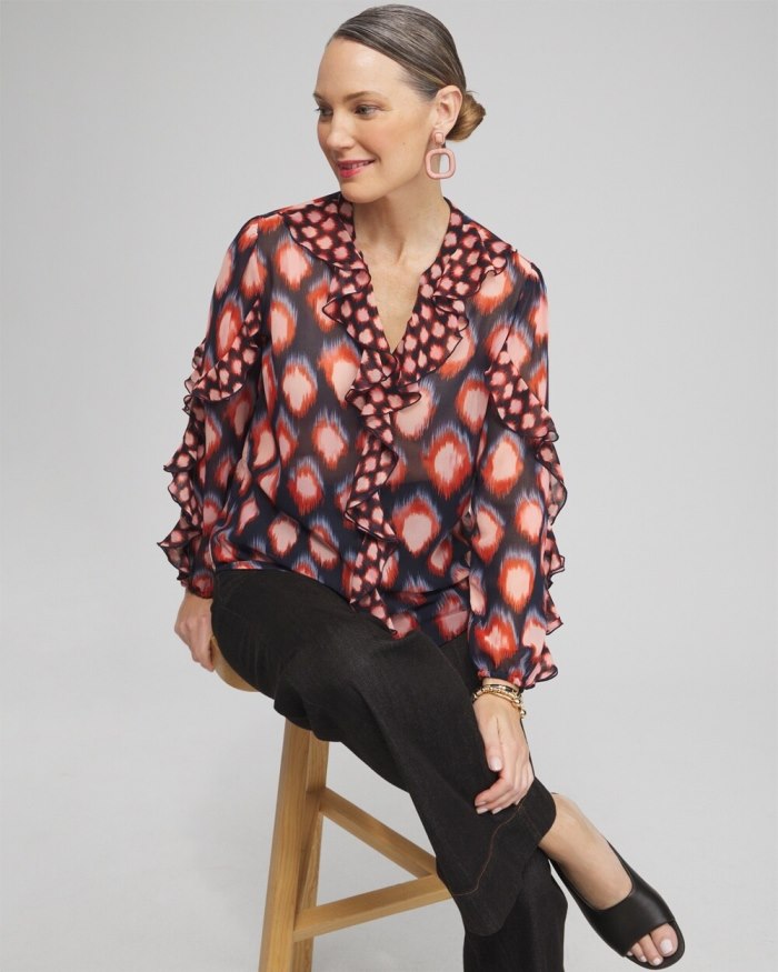 Chicos Ruffle Detail Ikat Blouse - Classic Navy