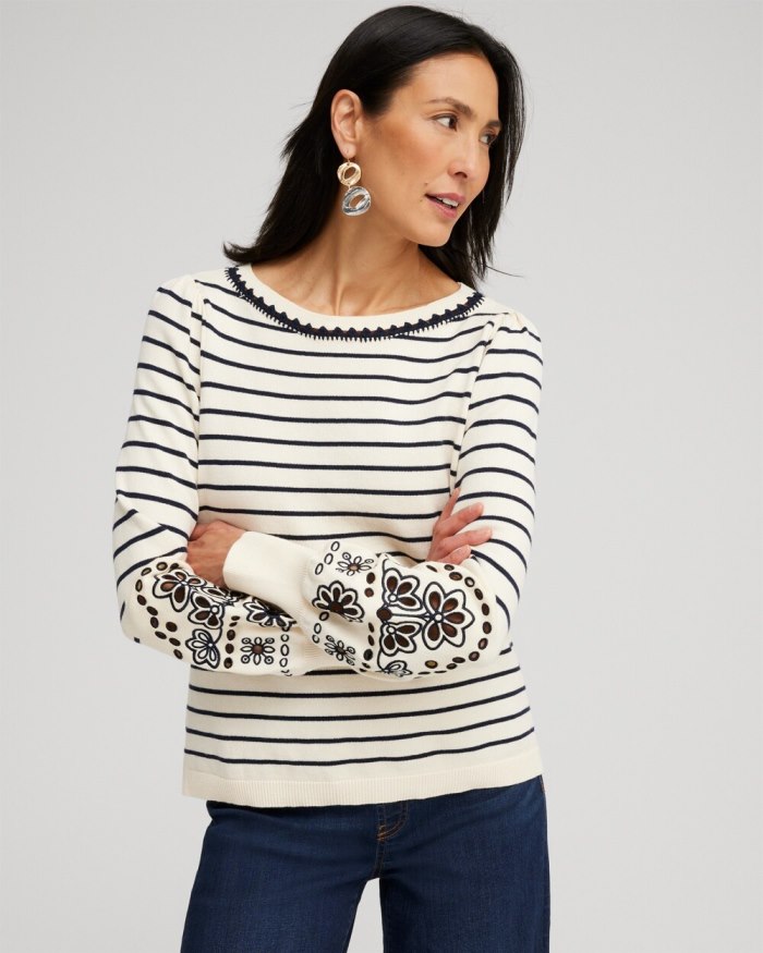 Chicos Embroidered Stripe Pullover Sweater - English Cream