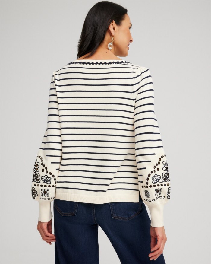 Chicos Embroidered Stripe Pullover Sweater - English Cream