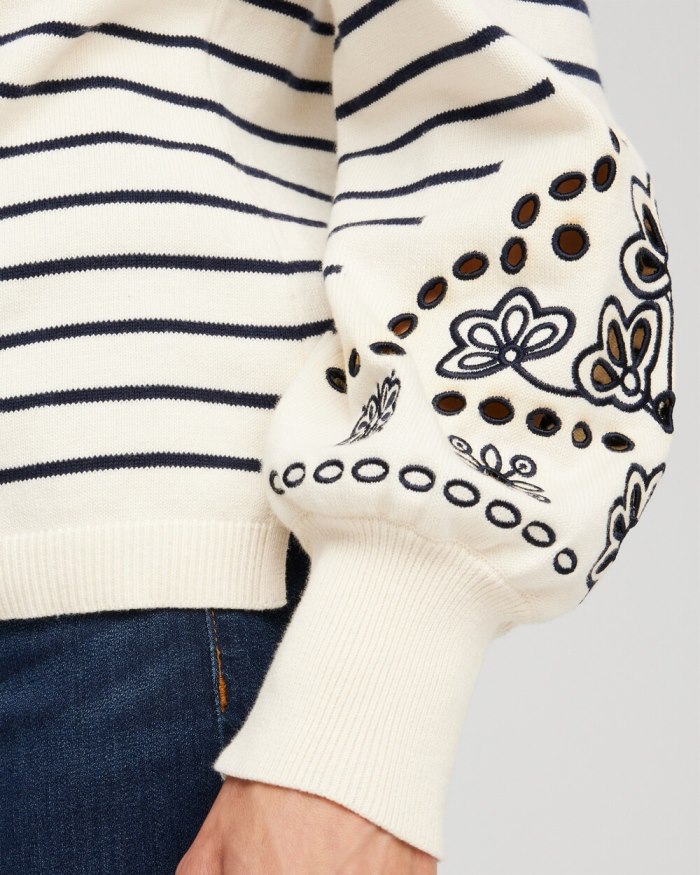 Chicos Embroidered Stripe Pullover Sweater - English Cream