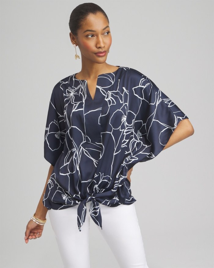 Chicos Floral Tie-Front Shirt - Classic Navy