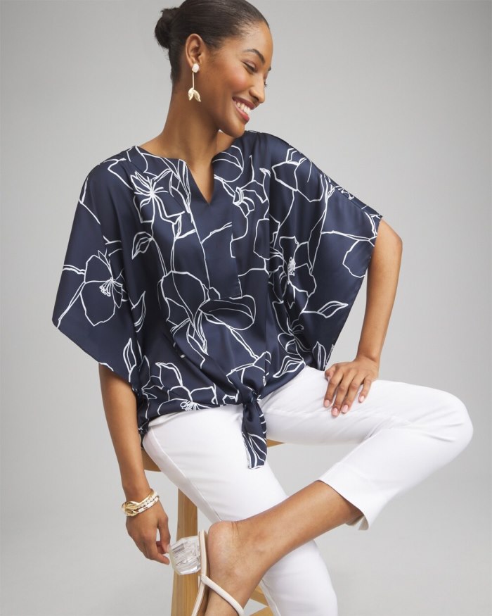 Chicos Floral Tie-Front Shirt - Classic Navy