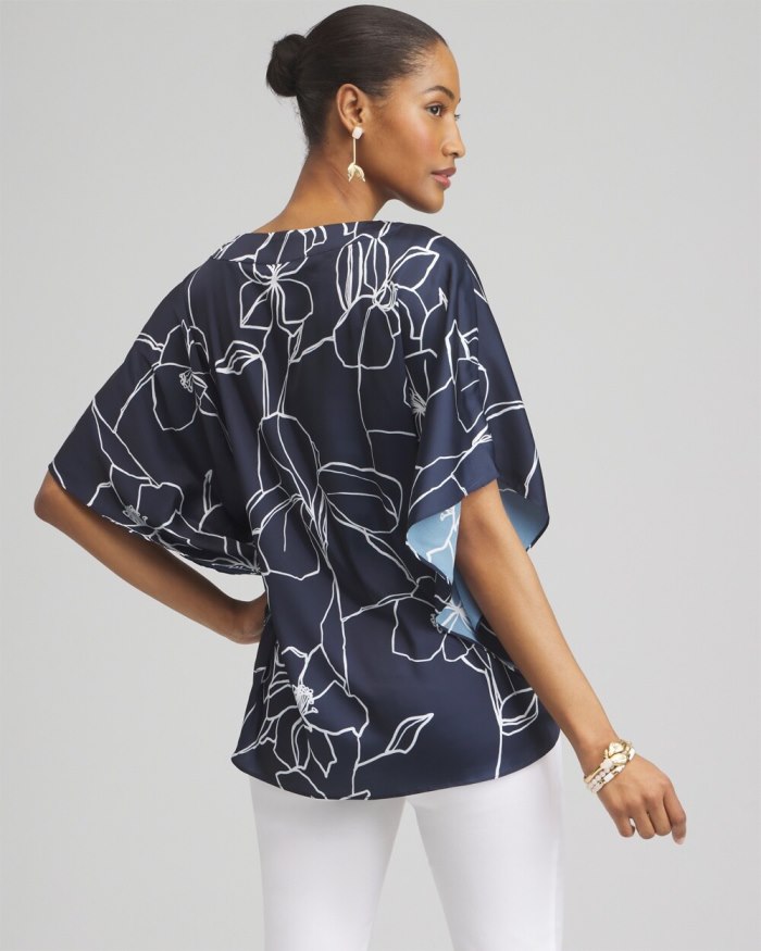 Chicos Floral Tie-Front Shirt - Classic Navy