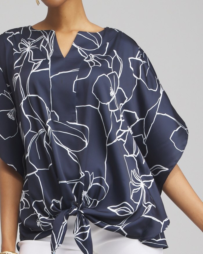 Chicos Floral Tie-Front Shirt - Classic Navy