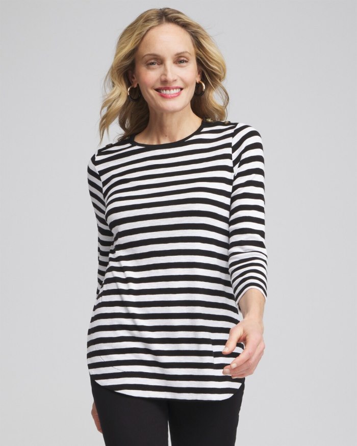 Chicos Stripe Button Trim Ribbed Tunic - Black