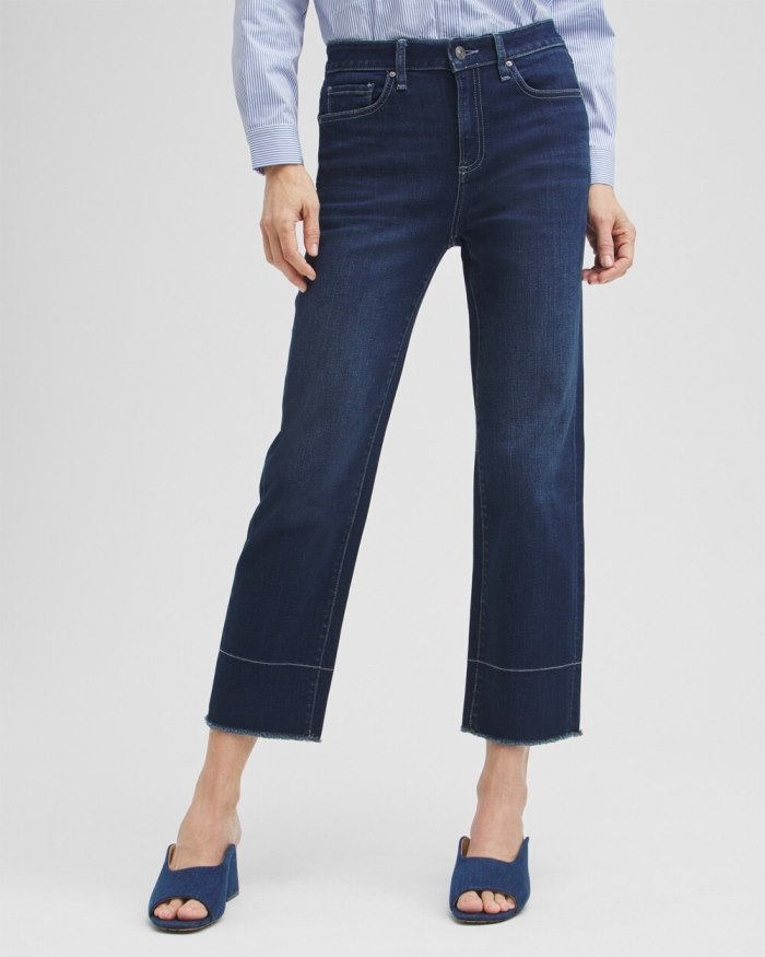 Chicos High Rise Fray Hem Straight Cropped Jeans - AZURE INDIGO