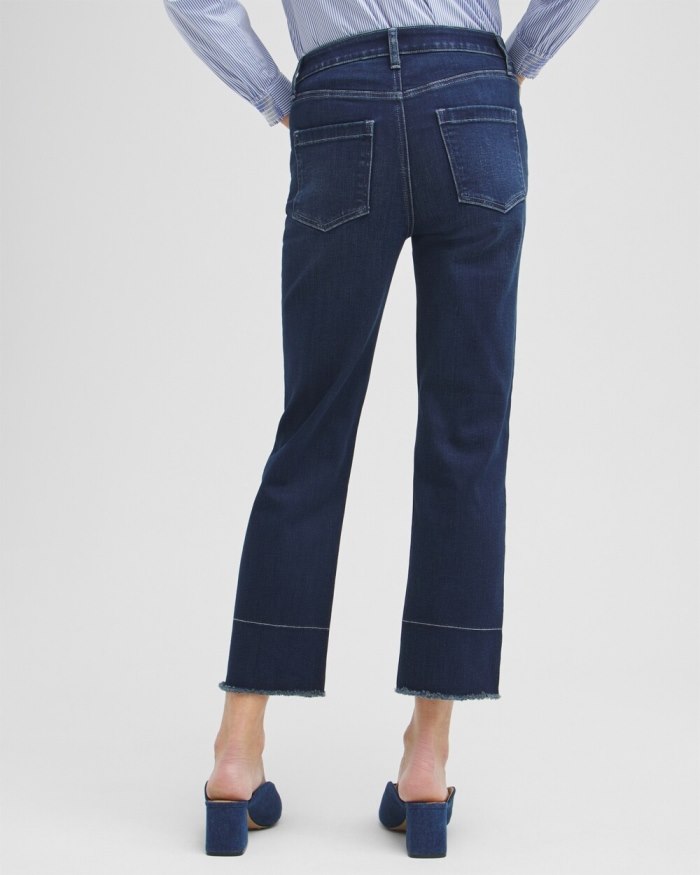 Chicos High Rise Fray Hem Straight Cropped Jeans - AZURE INDIGO