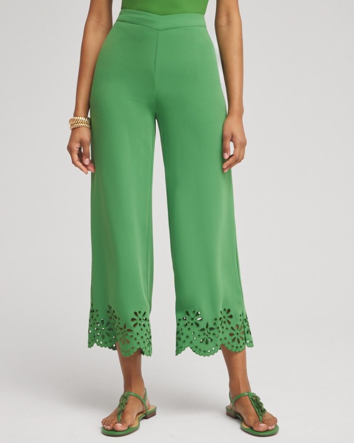 Chicos Satin Eyelet Hem Culottes - Verdant Green