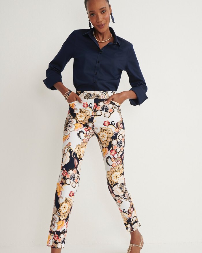 Chicos Brigitte Warm Floral Ankle Pants - Alabaster