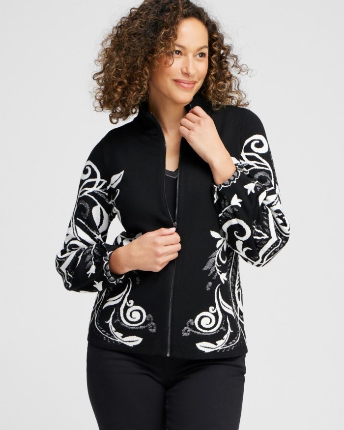 Chicos Floral Jacquard Cardigan - Black