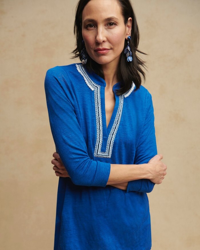 Chicos Linen Embellished Tunic - Intense Azure