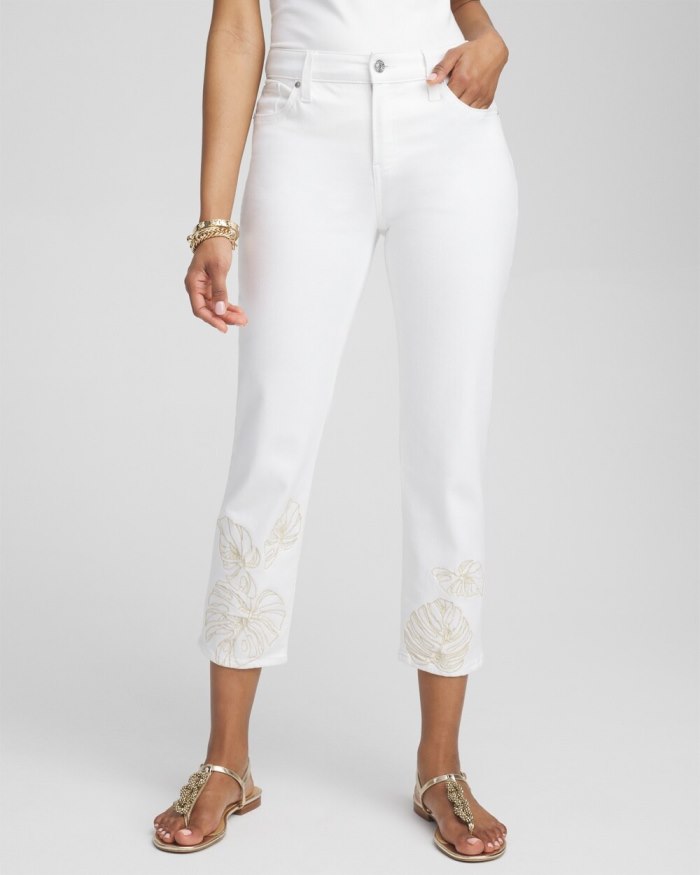 Chicos No Stain Embroidered Girlfriend Crops - Alabaster