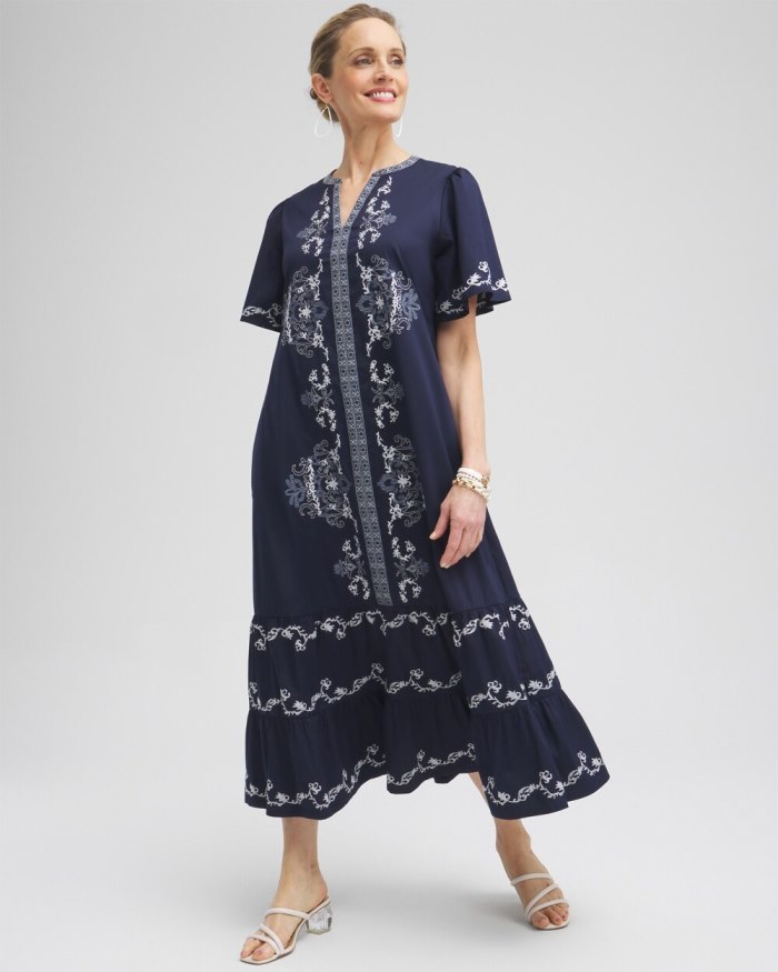 Chicos Poplin Embroidered Maxi Dress - Classic Navy