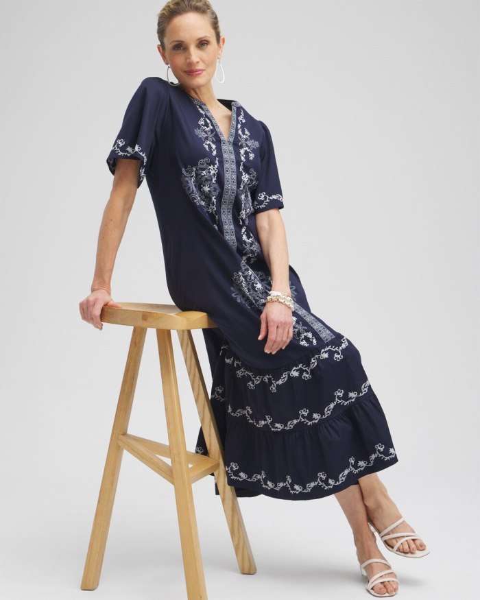 Chicos Poplin Embroidered Maxi Dress - Classic Navy