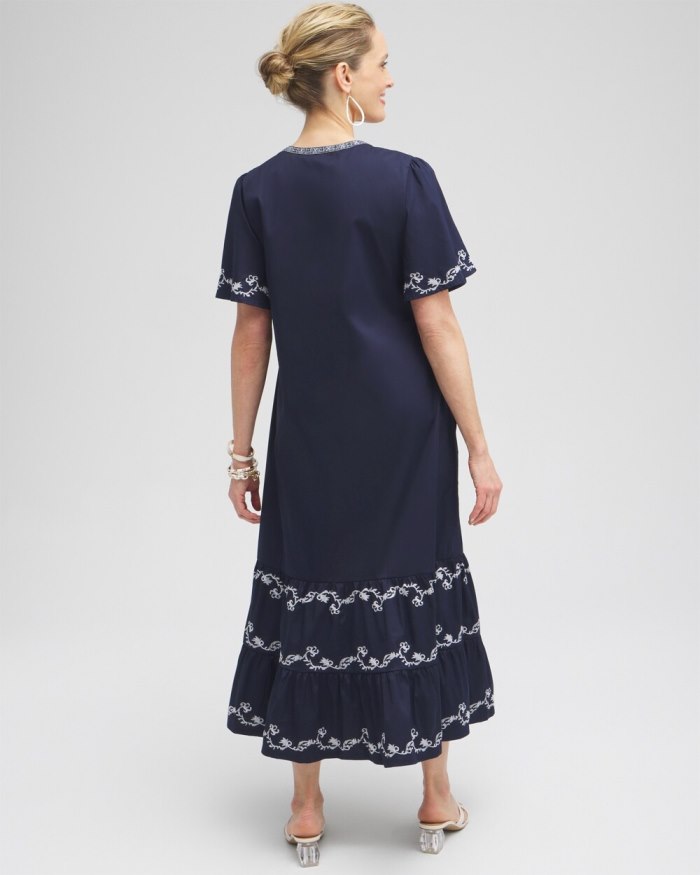 Chicos Poplin Embroidered Maxi Dress - Classic Navy