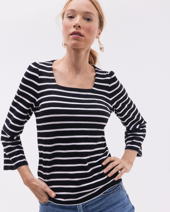 Chicos Stripe Square Neck Bell Sleeve Top - Black