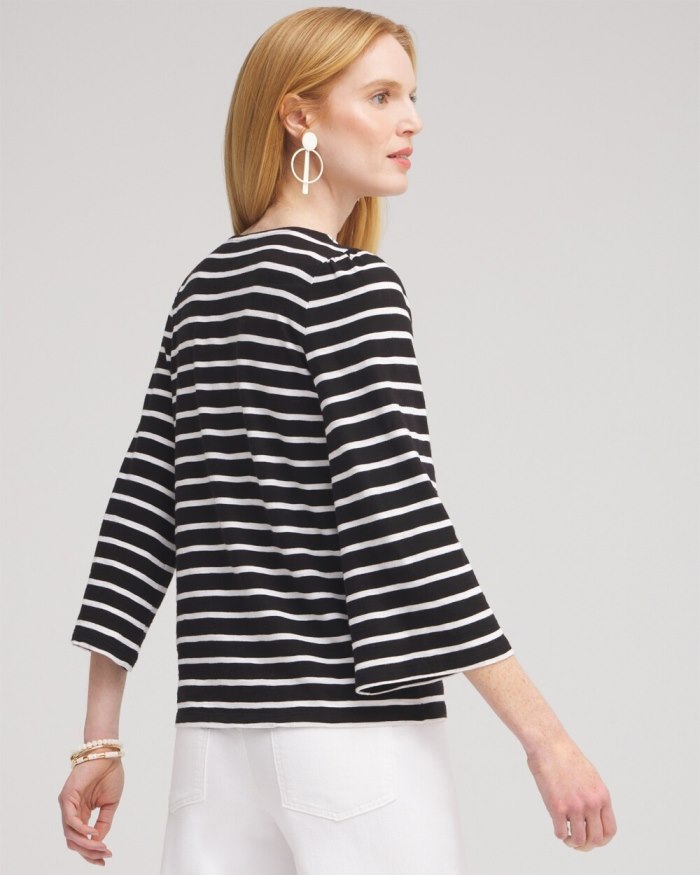 Chicos Stripe Square Neck Bell Sleeve Top - Black