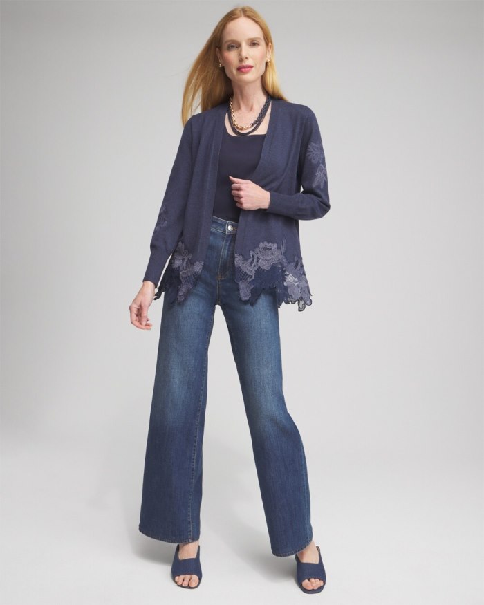 Chicos Cashmere Blend Lace Hem Cardigan - Dark Denim Heather