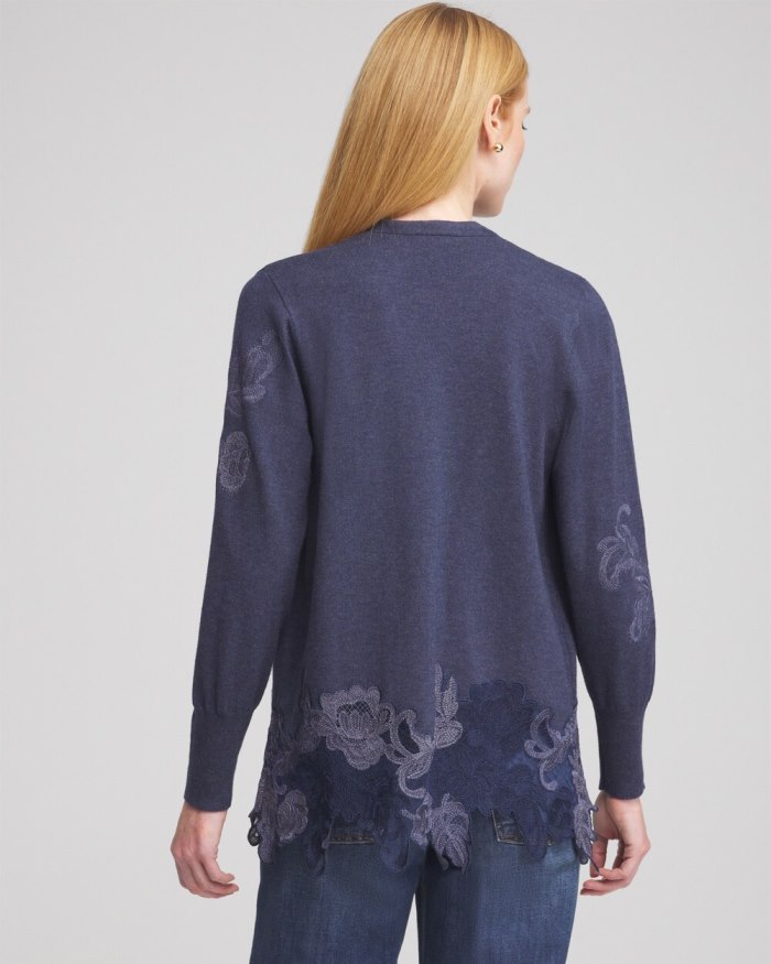 Chicos Cashmere Blend Lace Hem Cardigan - Dark Denim Heather