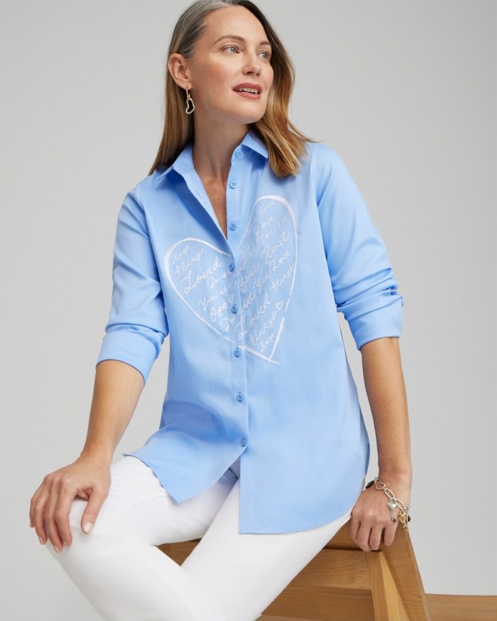 Chicos No Iron Stretch Embroidered Heart Shirt - Blue Veil