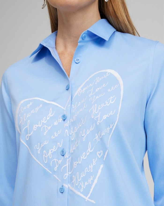 Chicos No Iron Stretch Embroidered Heart Shirt - Blue Veil